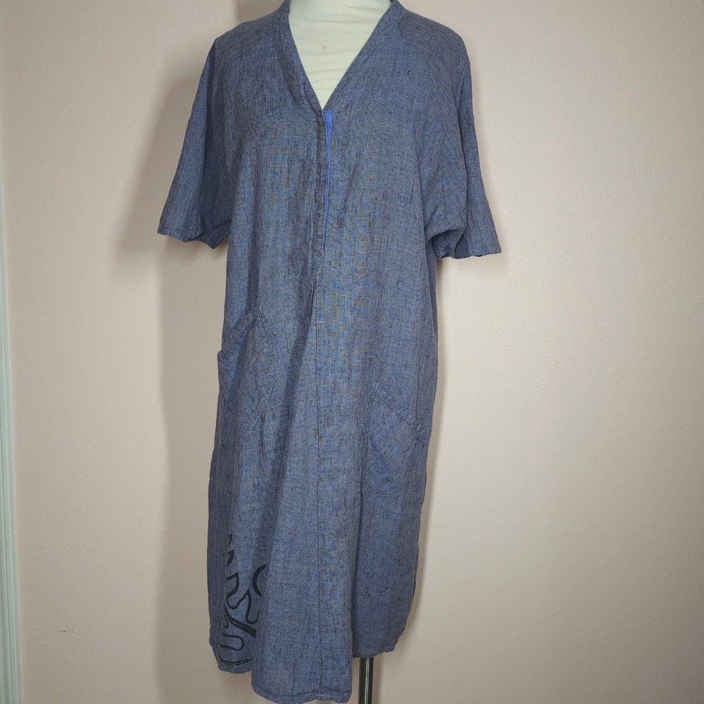 Vintage Flax By Jeanne Engelhart Linen Dress M Blue Embroidered Accent 1/4 Snap
